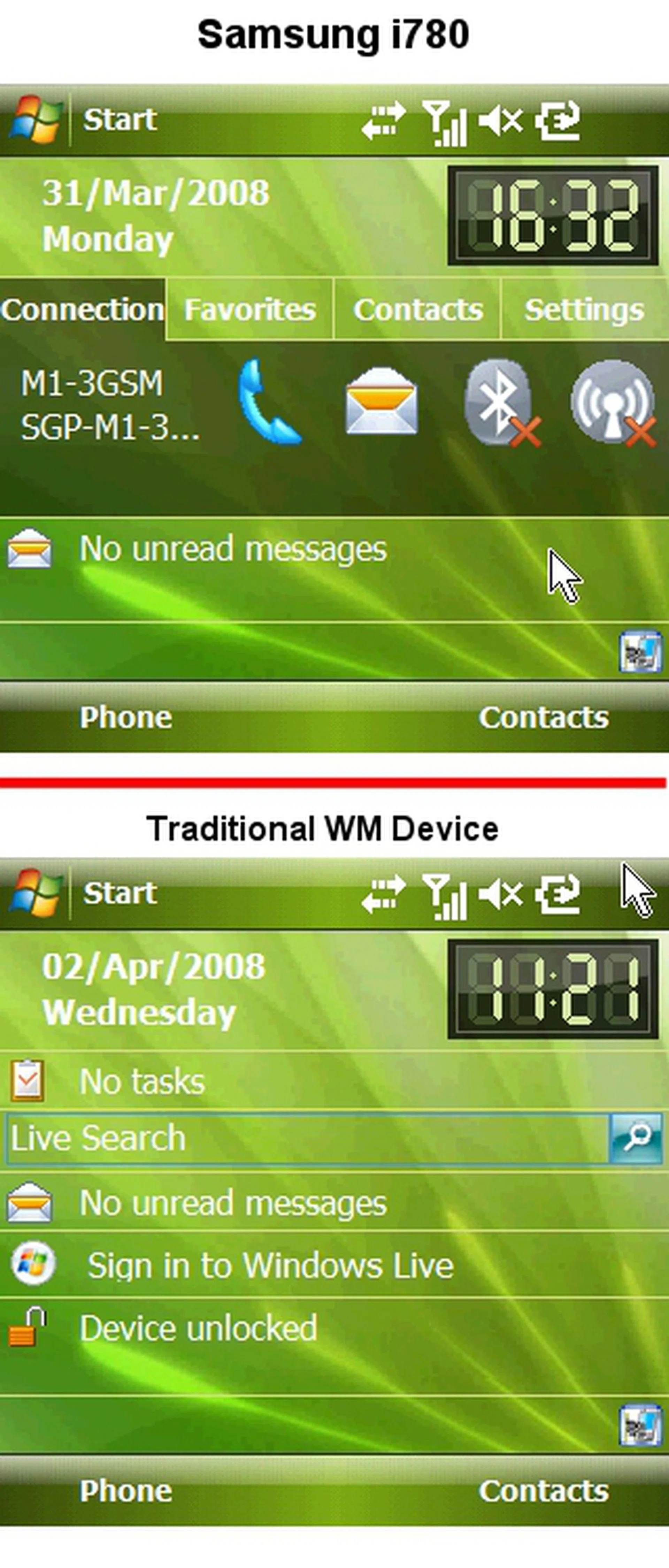From top: i780 with Today Plus, and a normal Windows Mobile screen. Arranging multiple applications for easy access with a tabbed format definitely makes the navigational experience much smoother.