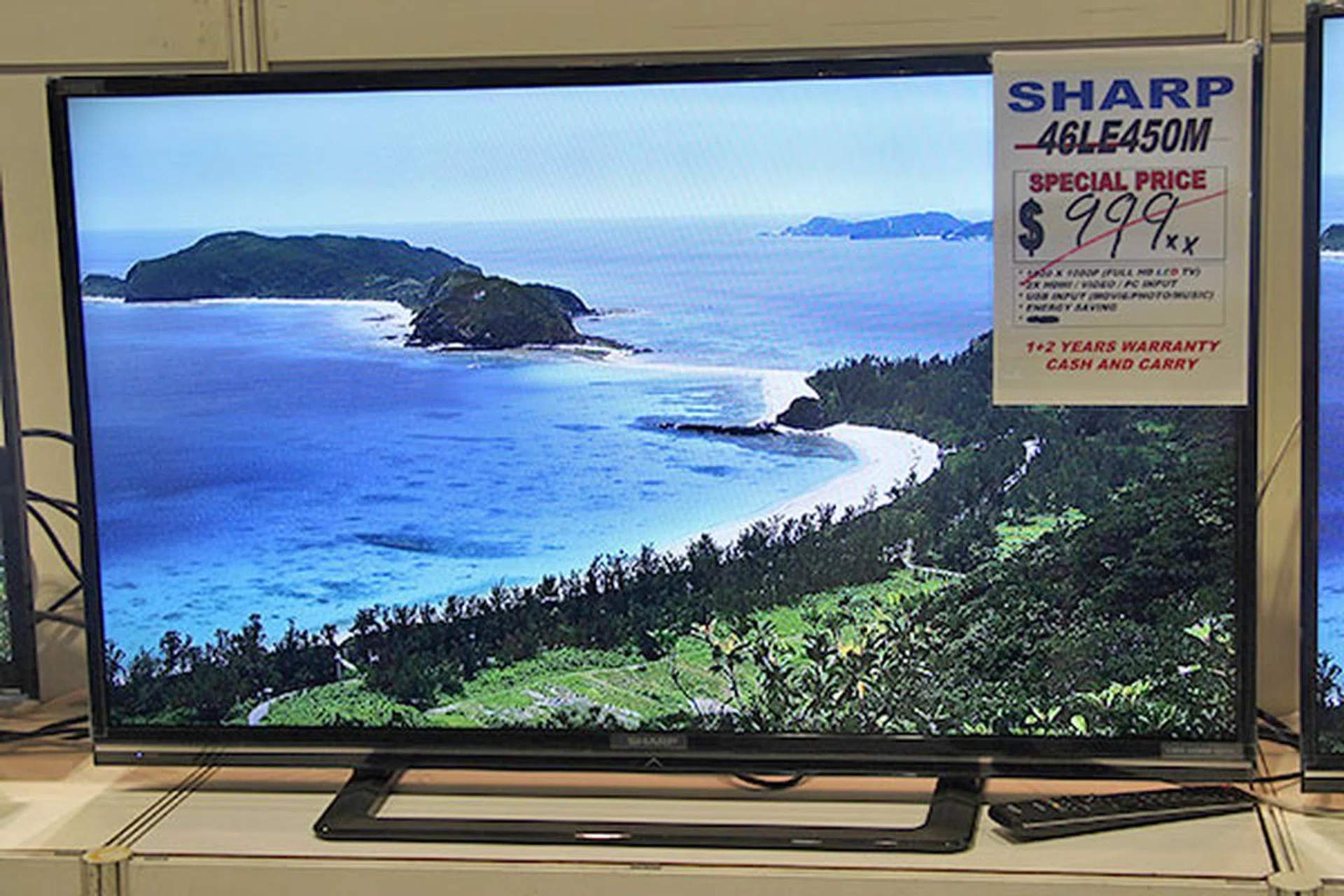 The Sharp LC-46LE450M is a 46-inch full HD TV with two HDMI terminals and a D-Sub port for connecting to a PC. It's something to consider if you've no use for all the bangs and whistles of the latest models, and just want a big-screen TV. Found at Booth 421, it's going for $798.