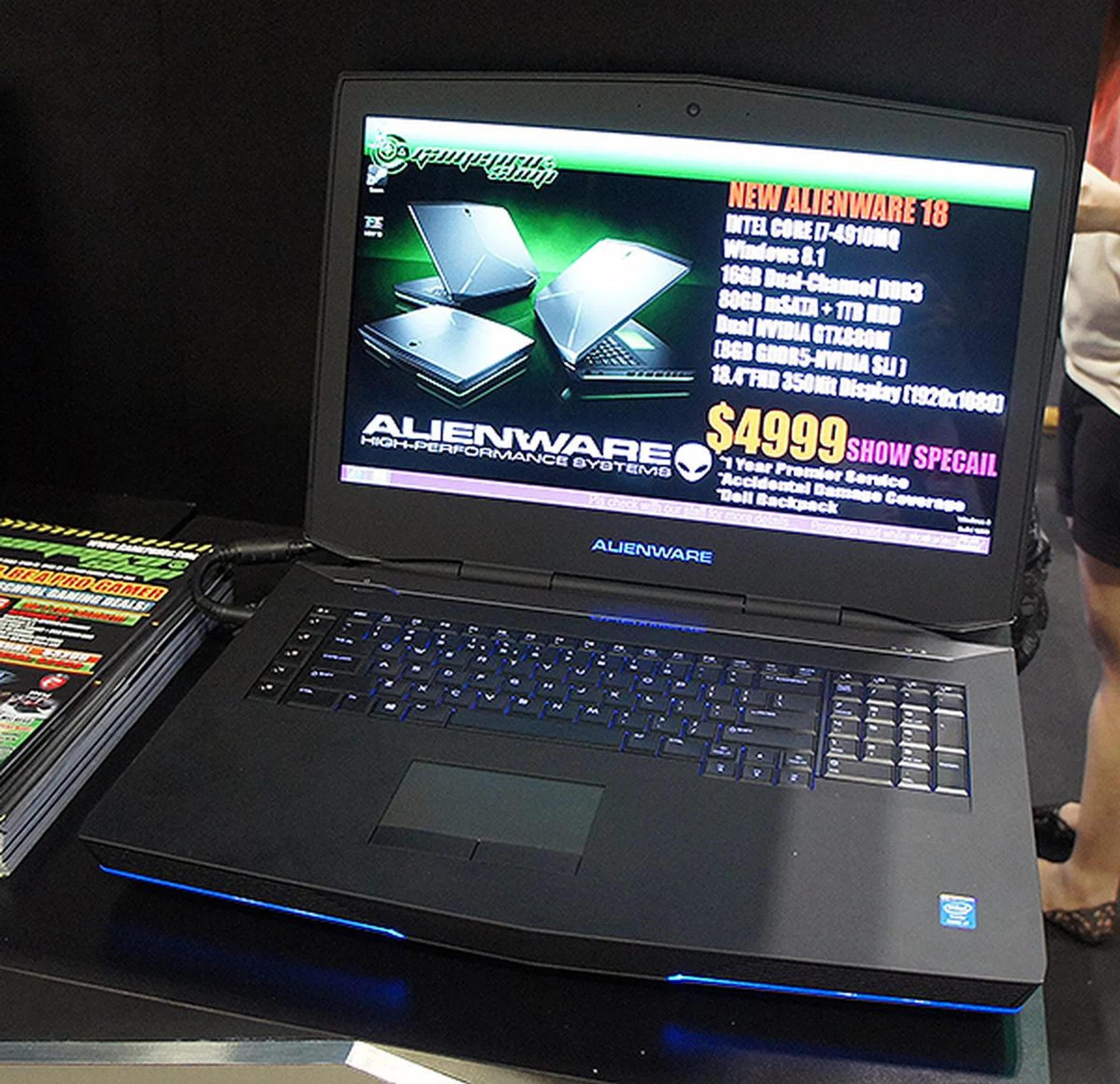 The Dell Alienware 18 is quite possibly the most powerful gaming notebook at the show, packing a quad-core Core i7-4910MQ processor and dual GeForce GTX 880M GPUs in SLI. However, it costs an eye-watering $4,999.