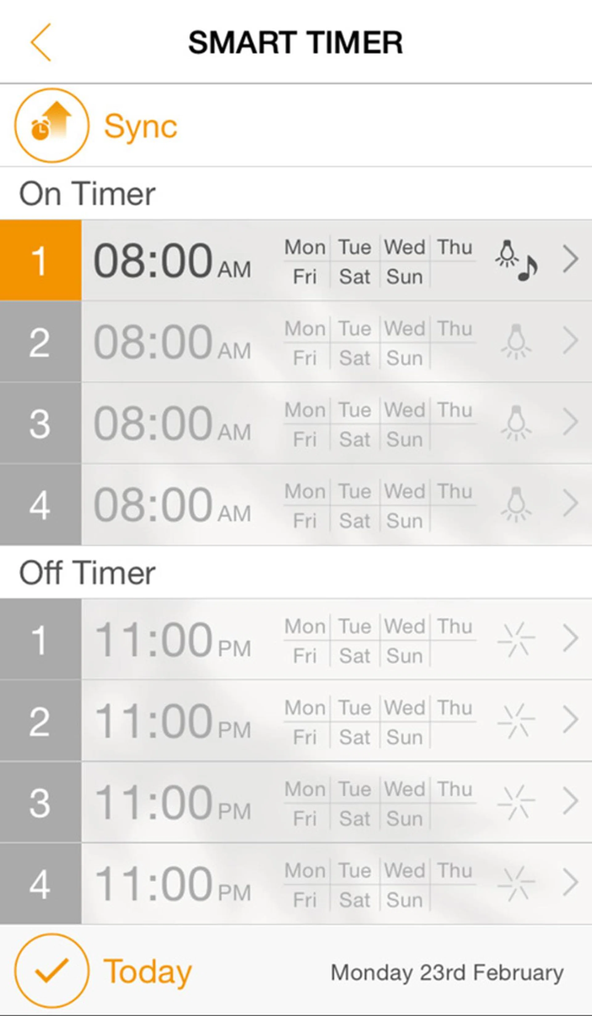 The alarm function works by specifying a start and stop time by which a track from your music library will be played.