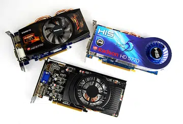 Clockwise from top left: Gigabyte HD 5770 Super Overclock, HIS HD 5770 IceQ 5 Turbo and ASUS EAH5770 CuCore.