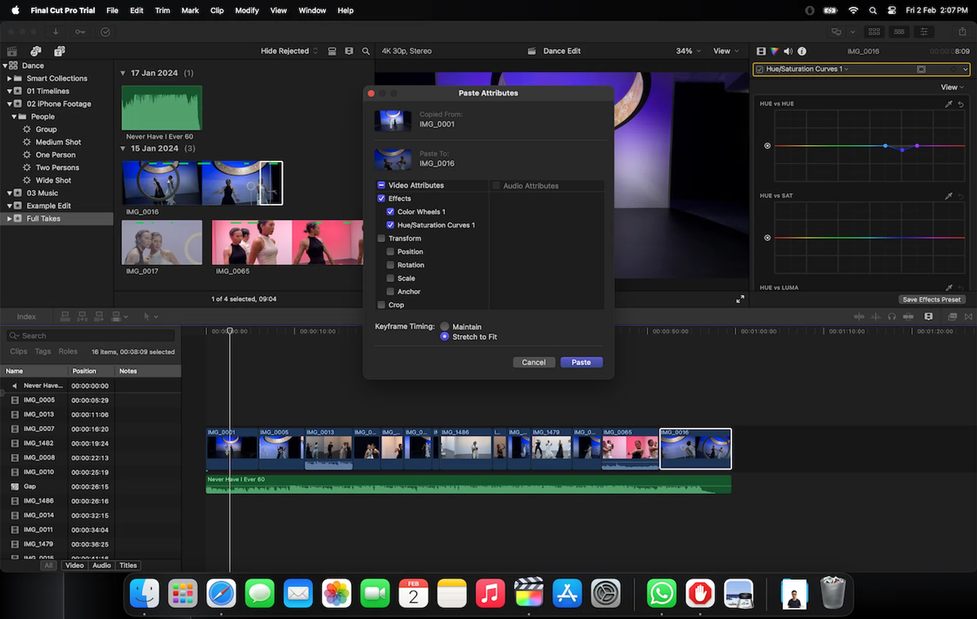 Copying video attributes in Final Cut Pro.