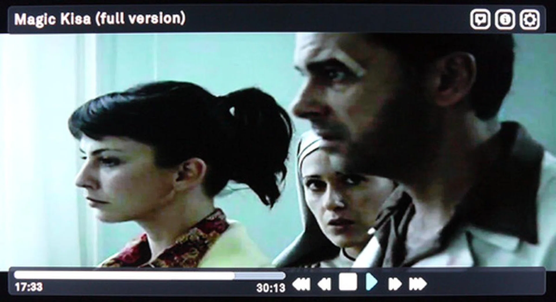 A screenshot of "Magic Kisa" scaled to suit our 1080p 16:9 HDTV. Notice how the aspect is slightly skewed as well, especially on the horizontal plane. Conversely, we did not experience any issues with playback if we allow the file to buffer up first.