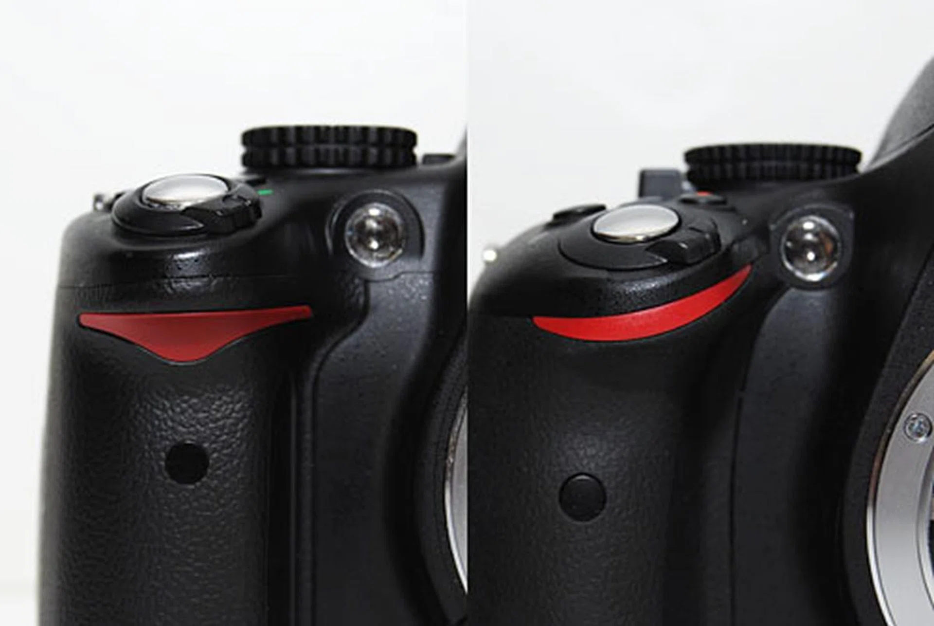 In a break from recent tradition, the D5100 modifies the Nikon red triangle (left) into a swooping curve (right).