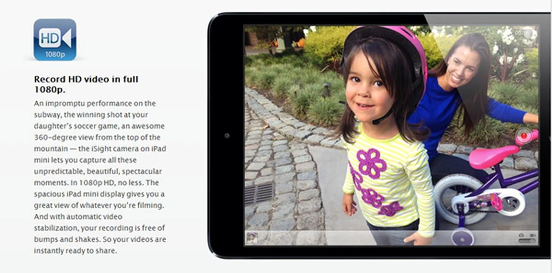 The Apple iPad Mini is capable of full 1080p HD video recording. <br>Image source: Apple