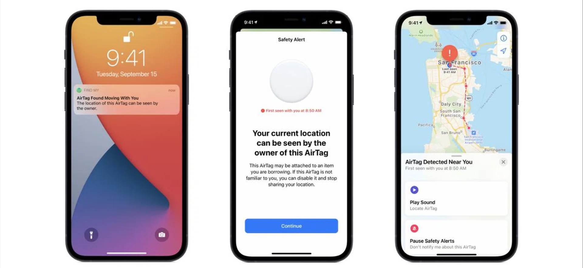 AirTags were designed to track items and not people. Owners of iPhones will see these prompts if an unidentified AirTag is found travelling with you.