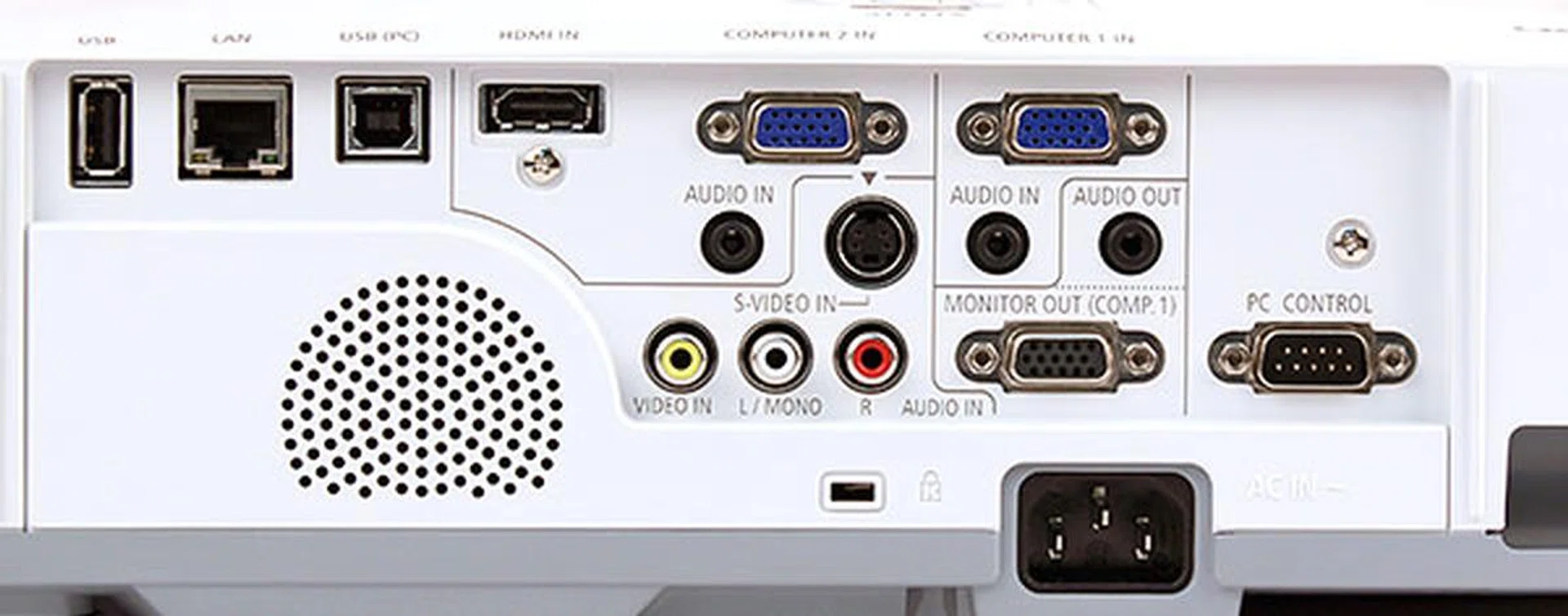 The M311X has no lack of video inputs: HDMI, VGA (two), S-Video, composite - you name it. You get monitor-out, RS-232C, and RJ-45 terminals too. Notice there are also two different USB ports (we'll explain their uses later).