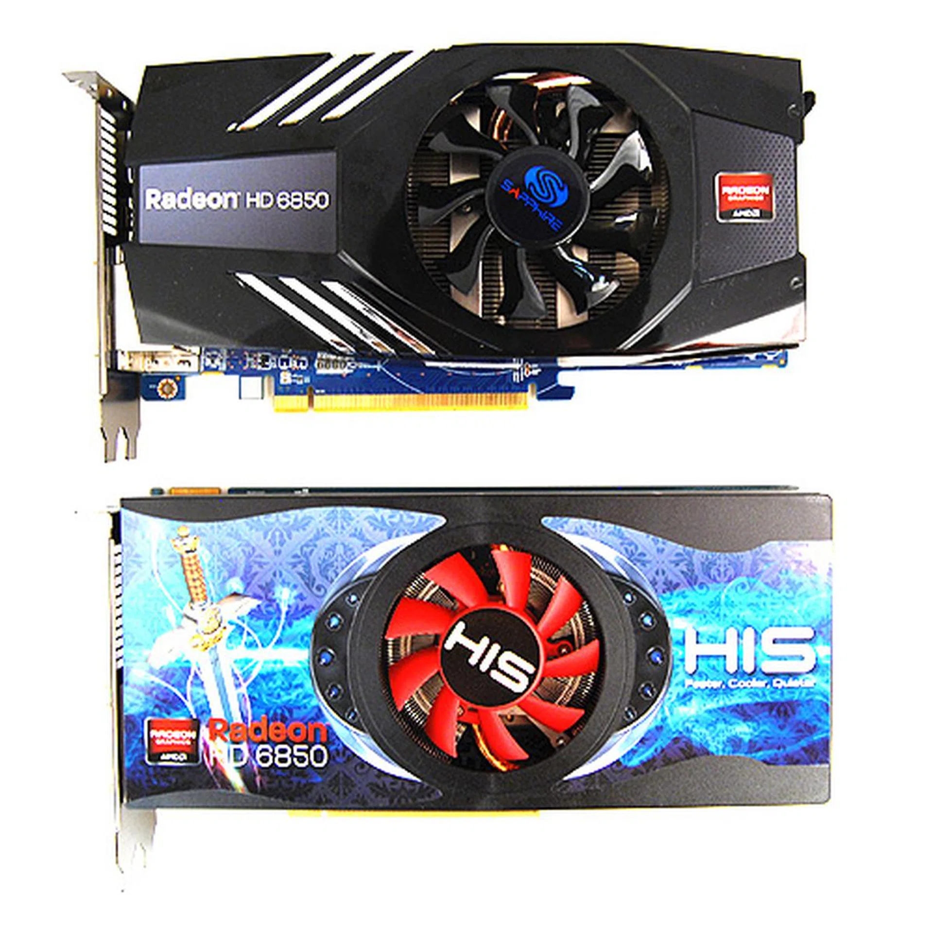 On first impressions, the two cards look alike, but look closely and you'll see that the Sapphire Radeon HD 6850 has a different heatsink design.