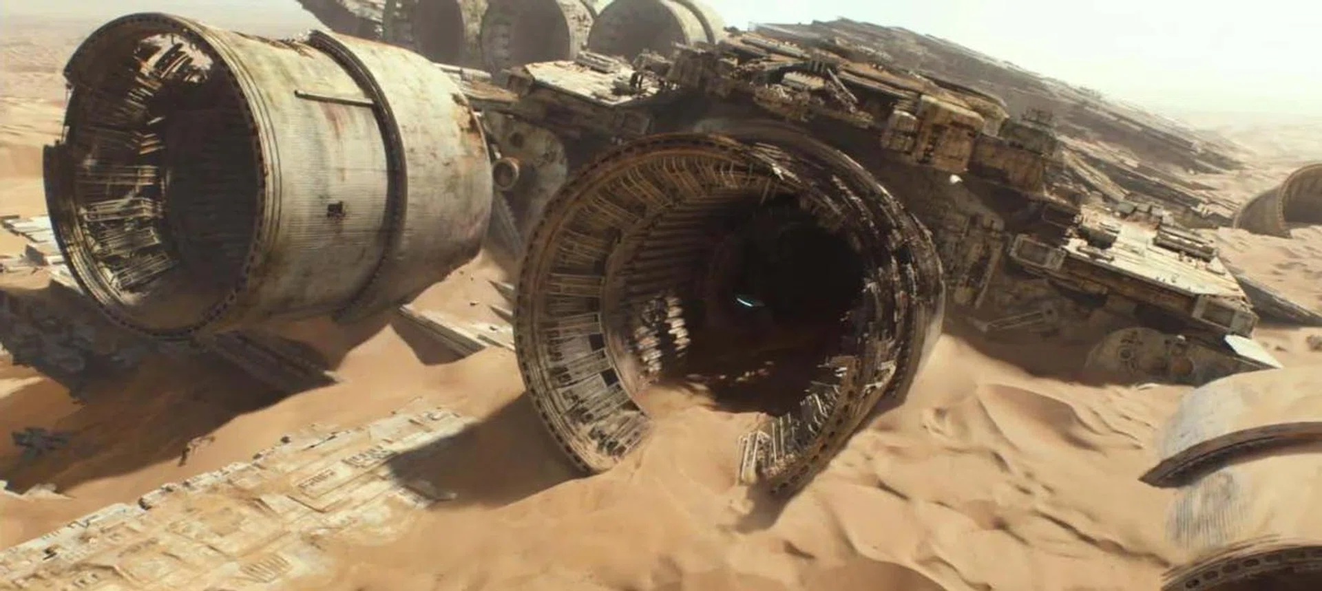 The crashed remains of the Super Star Destroyer, Ravager, seen in the second Force Awakens trailer.