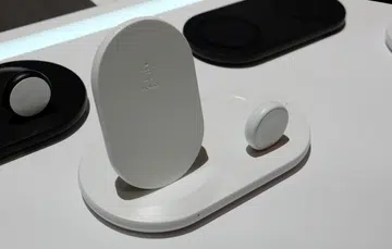 The Belkin Boost Charge 3-in-1 Wireless Charger for iPhone + Apple Watch + AirPods in white.