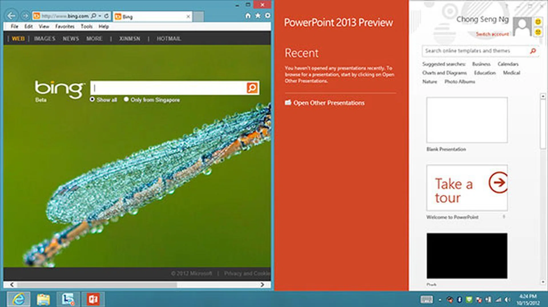 Want to snap two desktop apps side by side? Windows 7's Aero Snap still works in Windows 8. Just drag a window all the way to one side of the screen, and Windows will snap it on that side and reduce the width in half. Then do the same for the other app, but now for the other side.