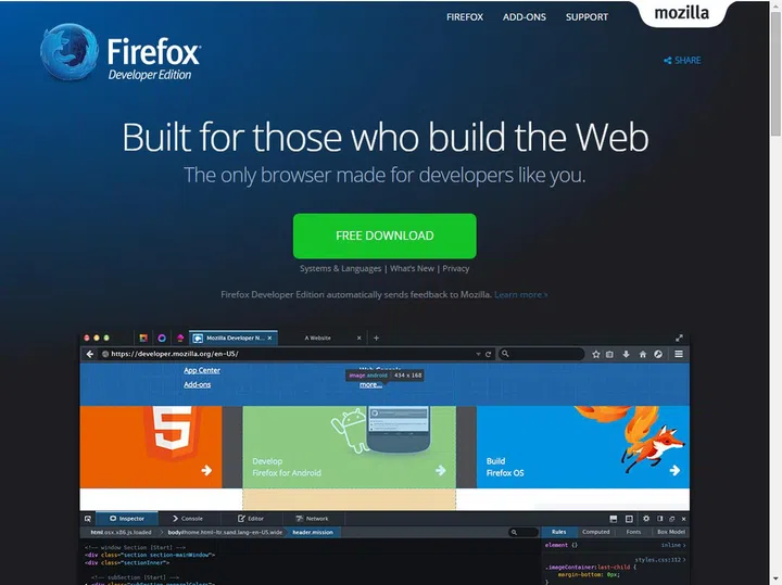 Download site of the developer version of Firefox.