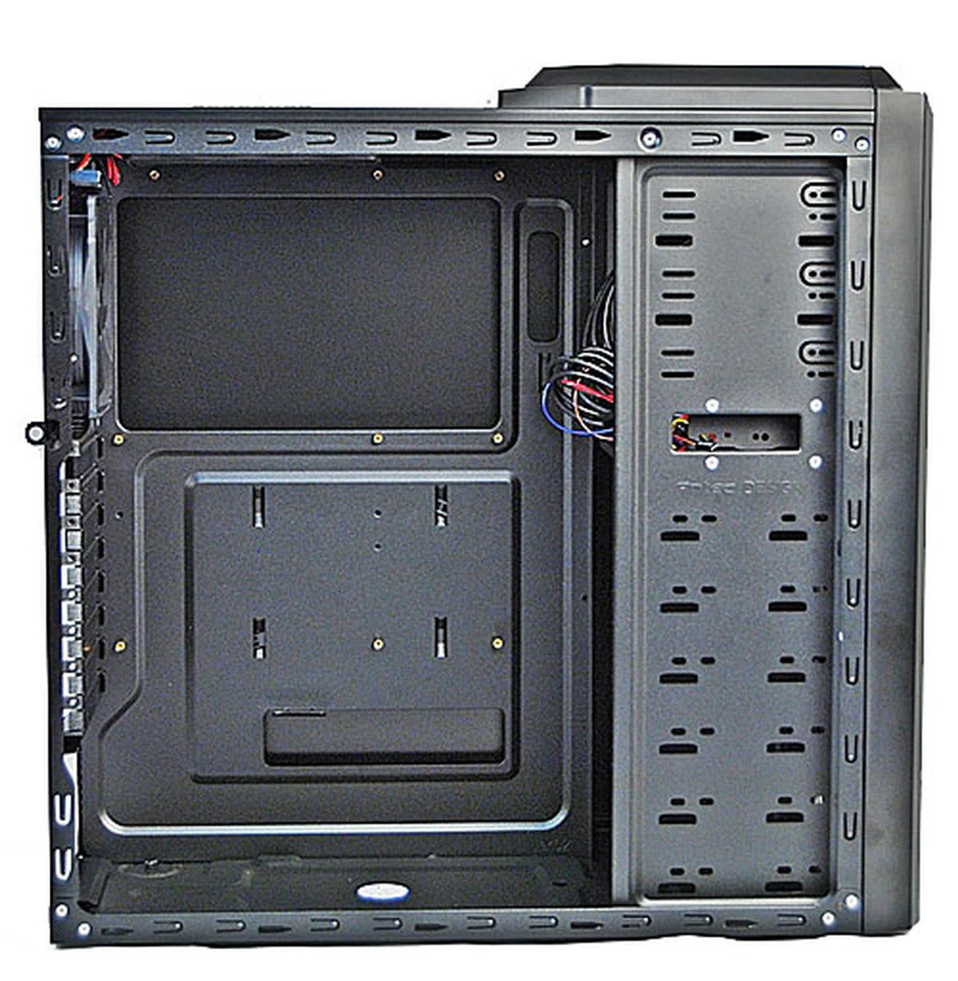 A matte black finish for its interior with cut-outs for rudimentary cable management and easy installation of aftermarket CPU coolers. Remember, the Antec One Hundred has 11 drive bays (three external 5.25-inch bays, one external 3.5-inch bay, six internal 3.5-inch bays and one 2.5-inch internal drive bay).