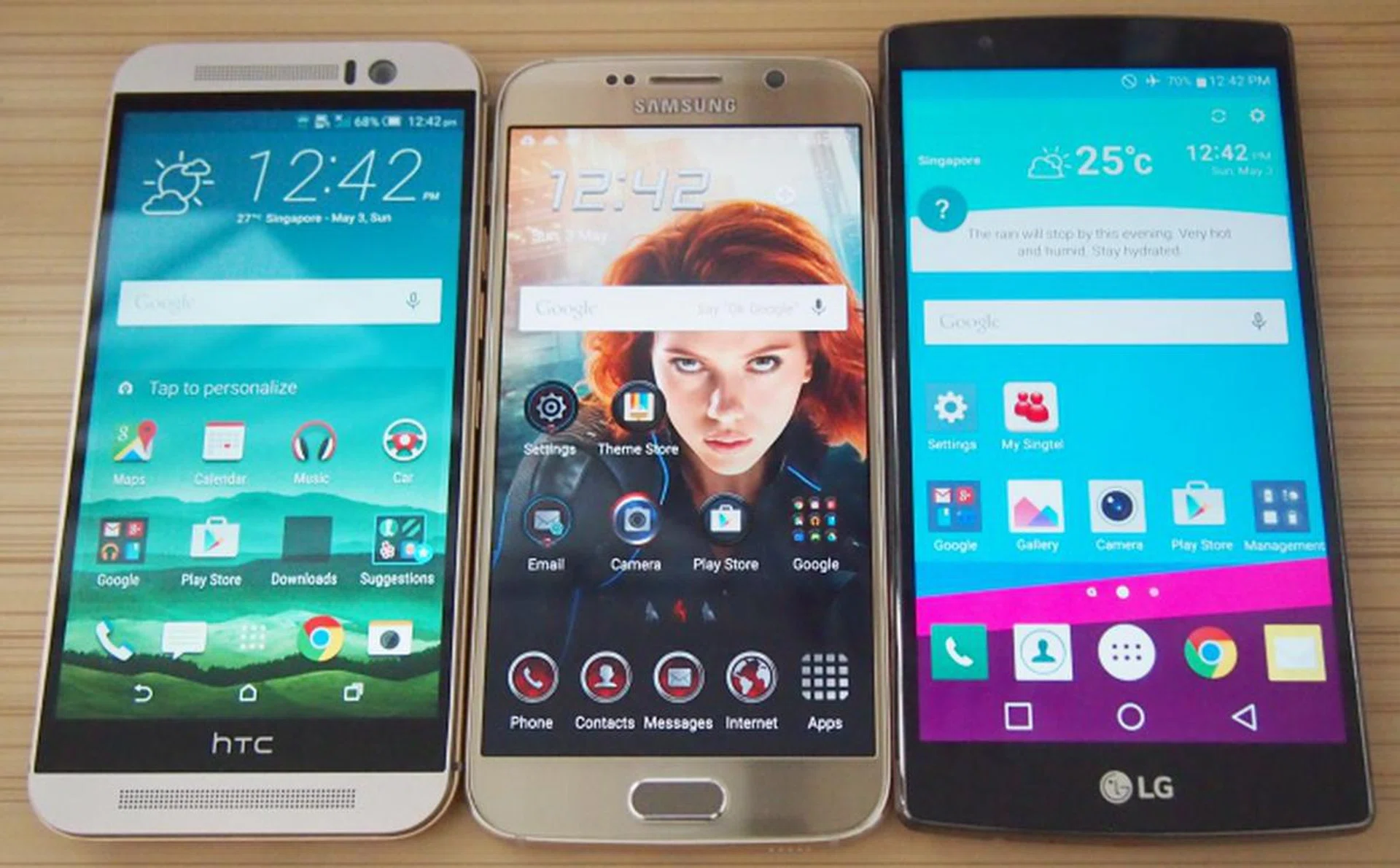 From left to right: HTC One M9, Samsung Galaxy S6, LG G4. 