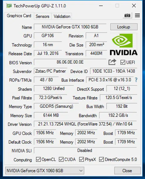Zotac GeForce GTX 1060 Mini GPU-Z