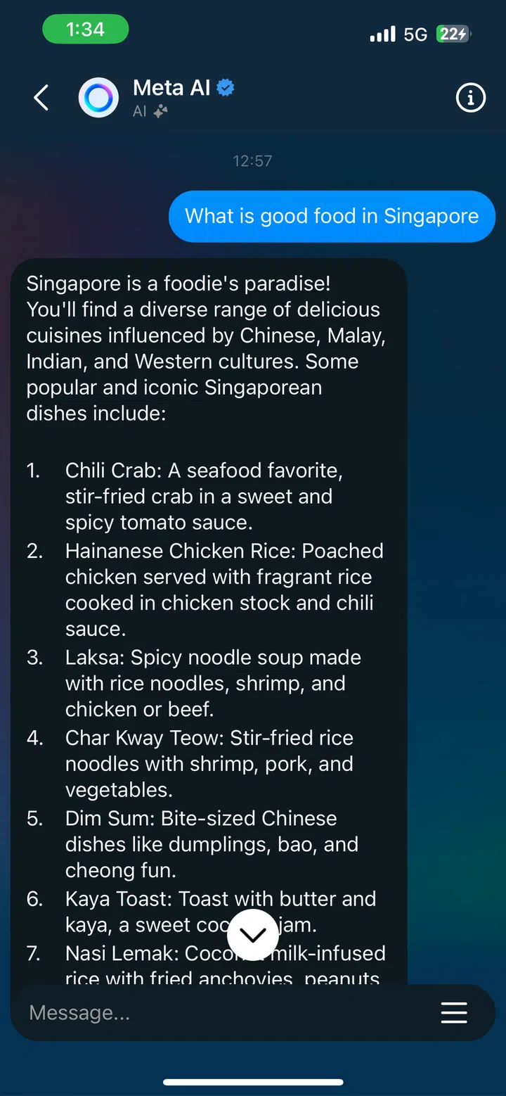 If you tap the hamburger menu within the bot, Meta AI will also show you a list of possible actions you can ask the bot to take.