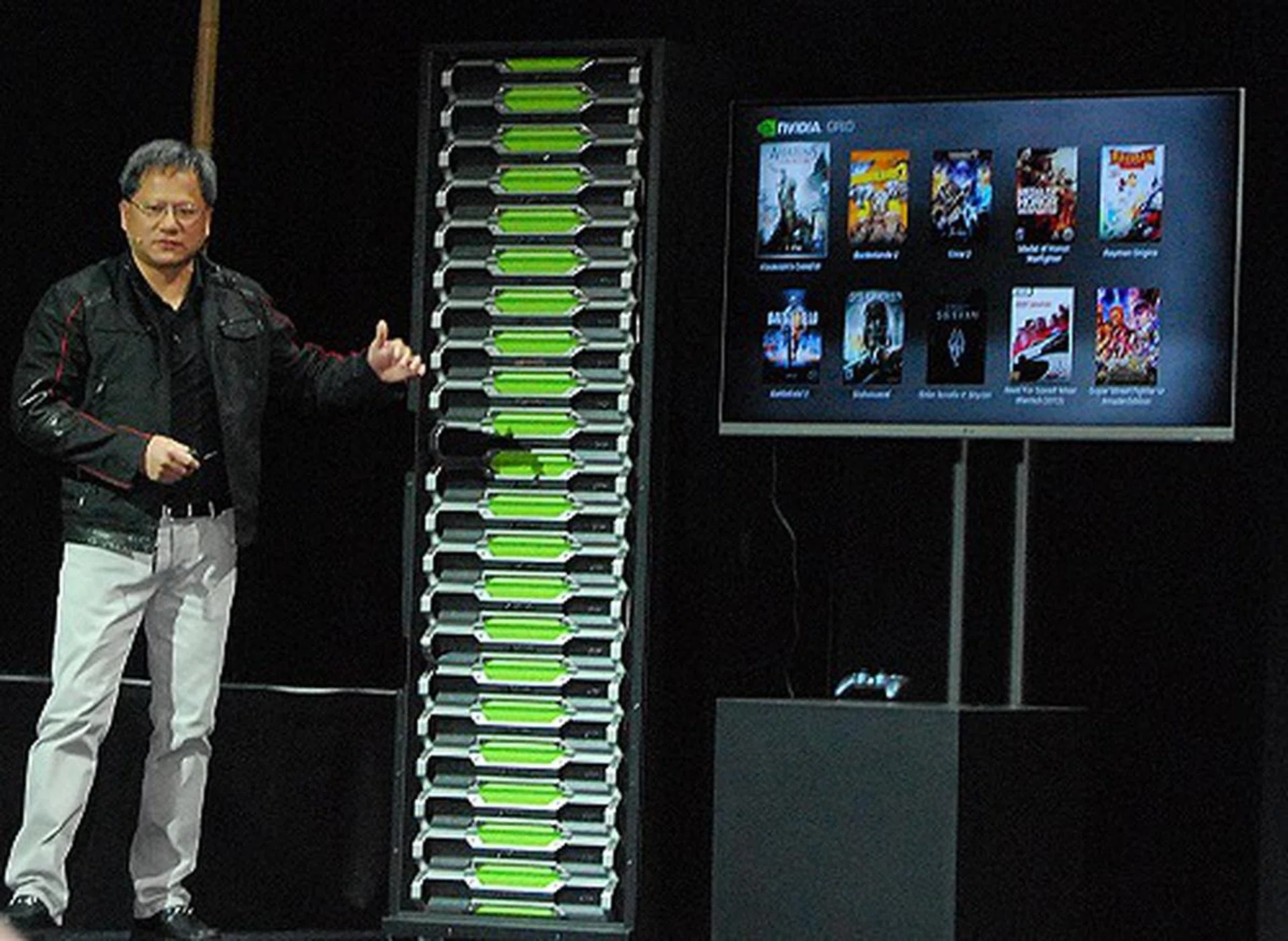 Seen here is the actual size of the NVIDIA Grid Gaming System tower rack next to CEO Jen-Hsun Huang. 