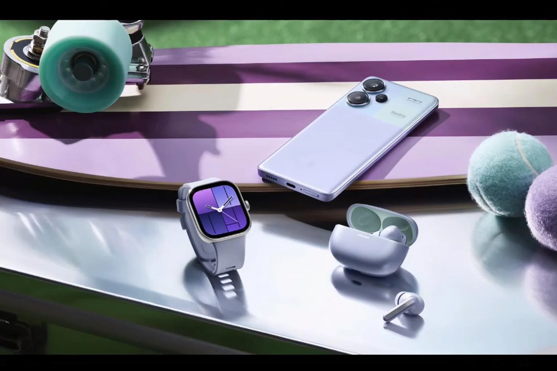 The Redmi ecosystem. The smartphone, smartwatch, and buds. 