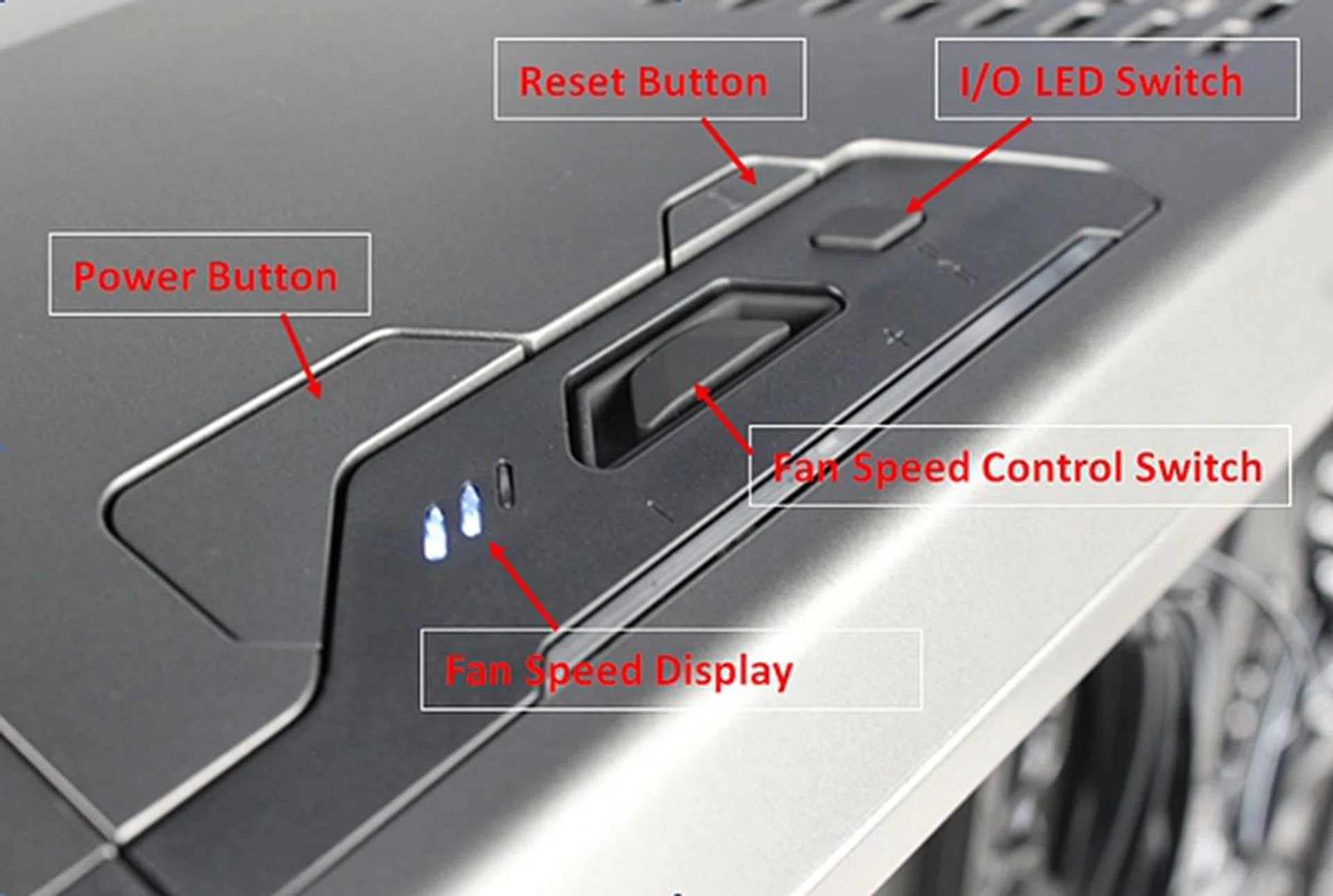 There are two flushed buttons, of the same gunmetal color as the chassis. The larger one is the power button, and the smaller one is the reset button. There is a small rubber button to control the LED lights of the rear I/O ports, and the larger rubber switch controls the fan speeds. The pictured fan speed notification with its LED lighting shows the fans at medium speed.