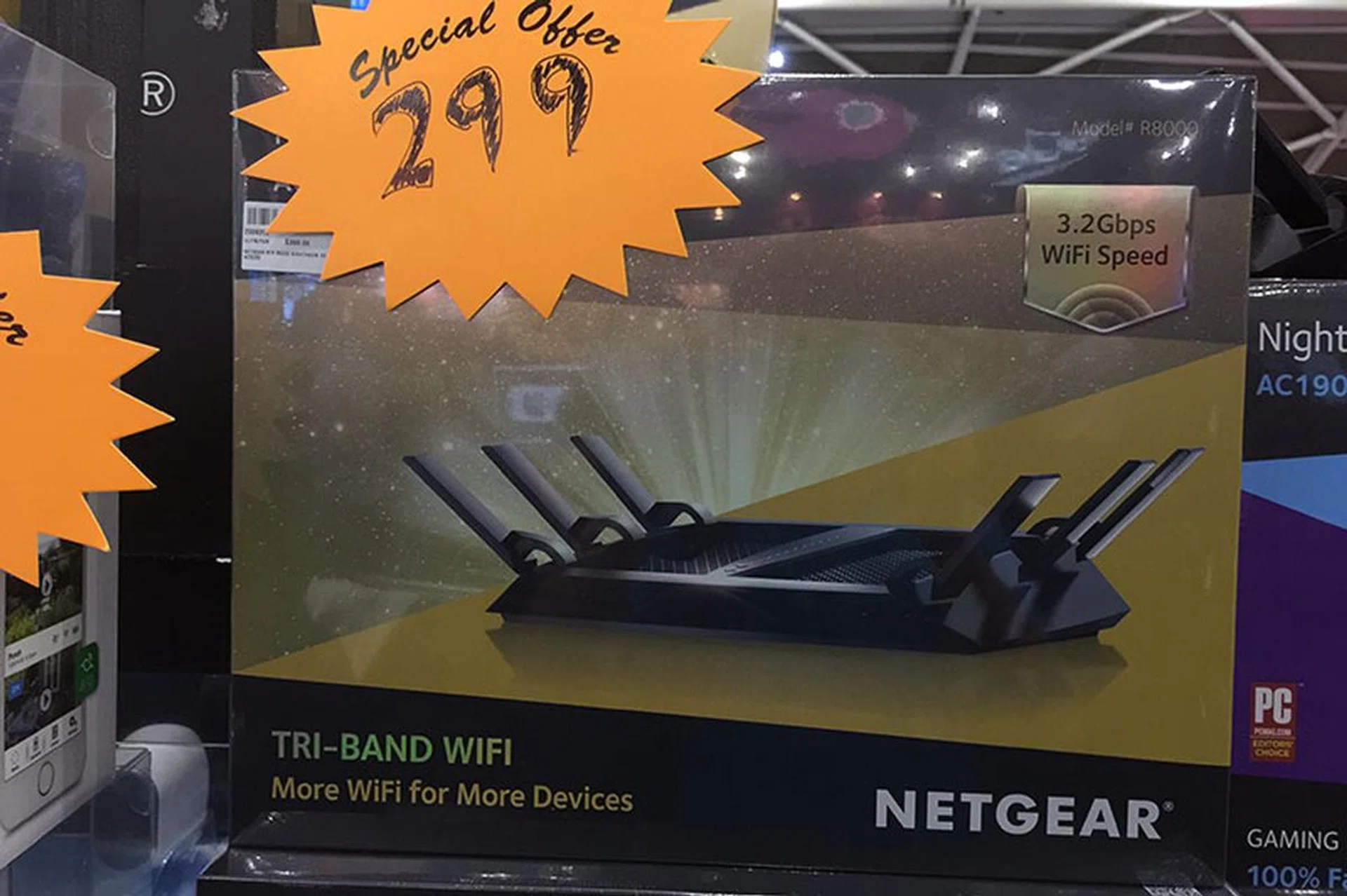 The Nighthawk X6 is an AC3200 tri-band wireless router. It sports a 1GHz dual-core processor and comes with a 3-year warranty. At PC Show, it's going for $399, but the first 50 customers can get it for $299.