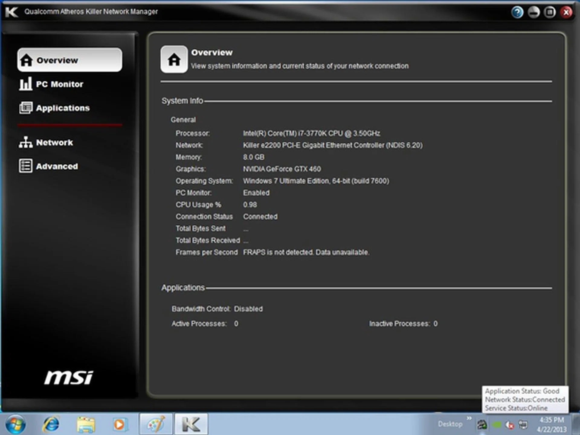 This is the default section of the Killer Network Management application. Its most relevant section for gamers would be the Advanced section where the configuration of the network chipset is performed.