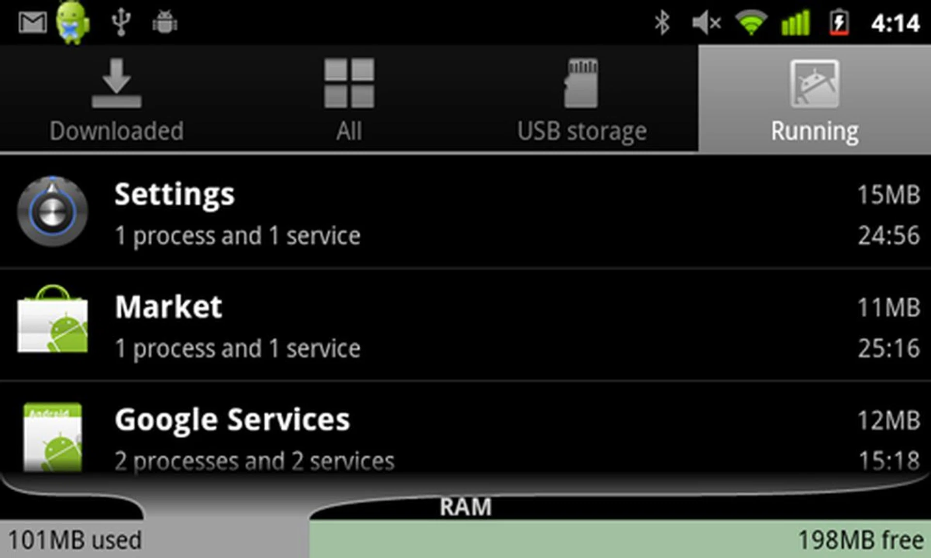 Within the task manager, you will notice a bottom bar that informs you of the space being used or available for your apps.