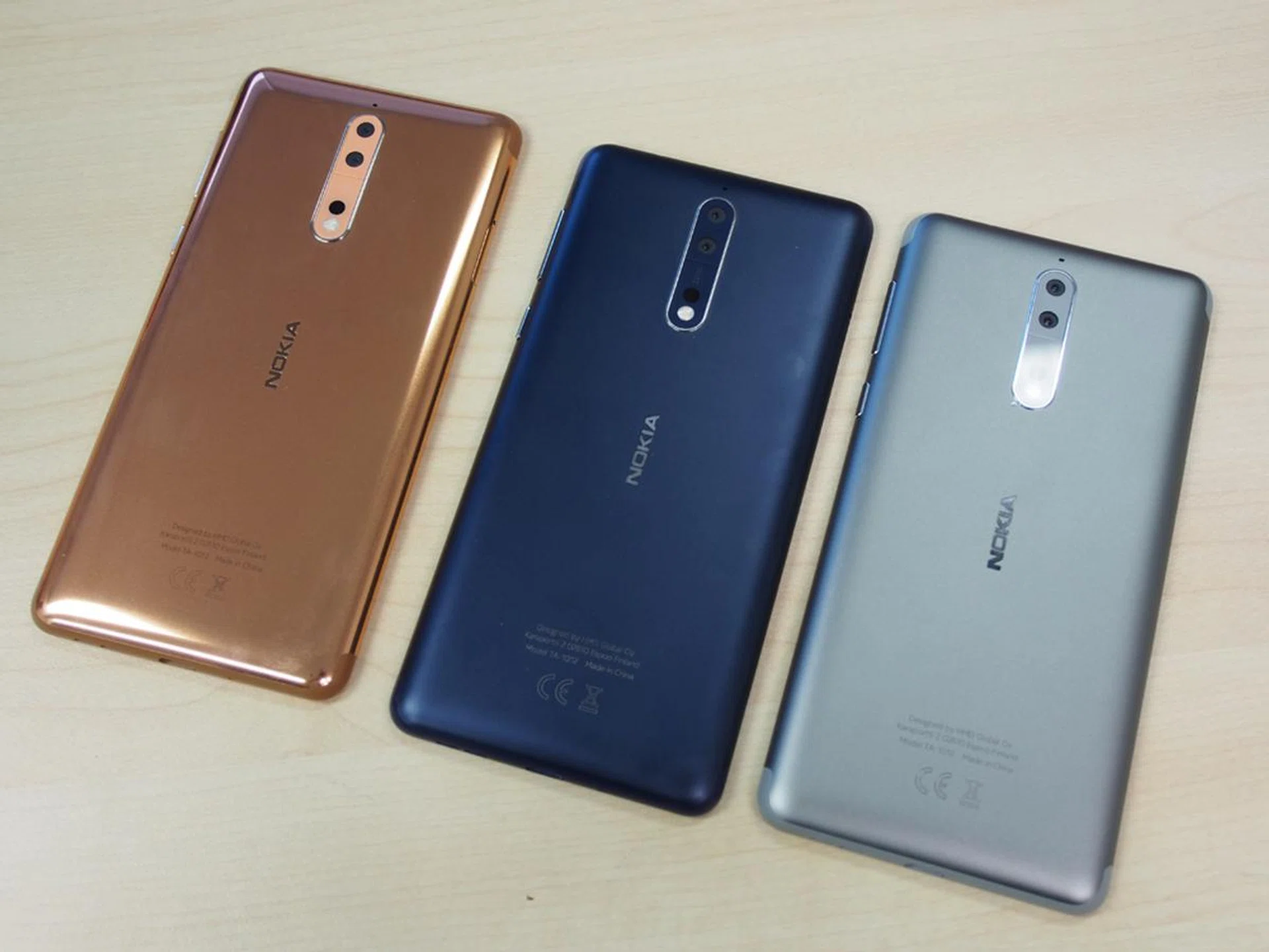 Polished Copper, Tempered Blue, Steel. Not pictured here is Polished Blue, which is the glossy version of the middle variant.