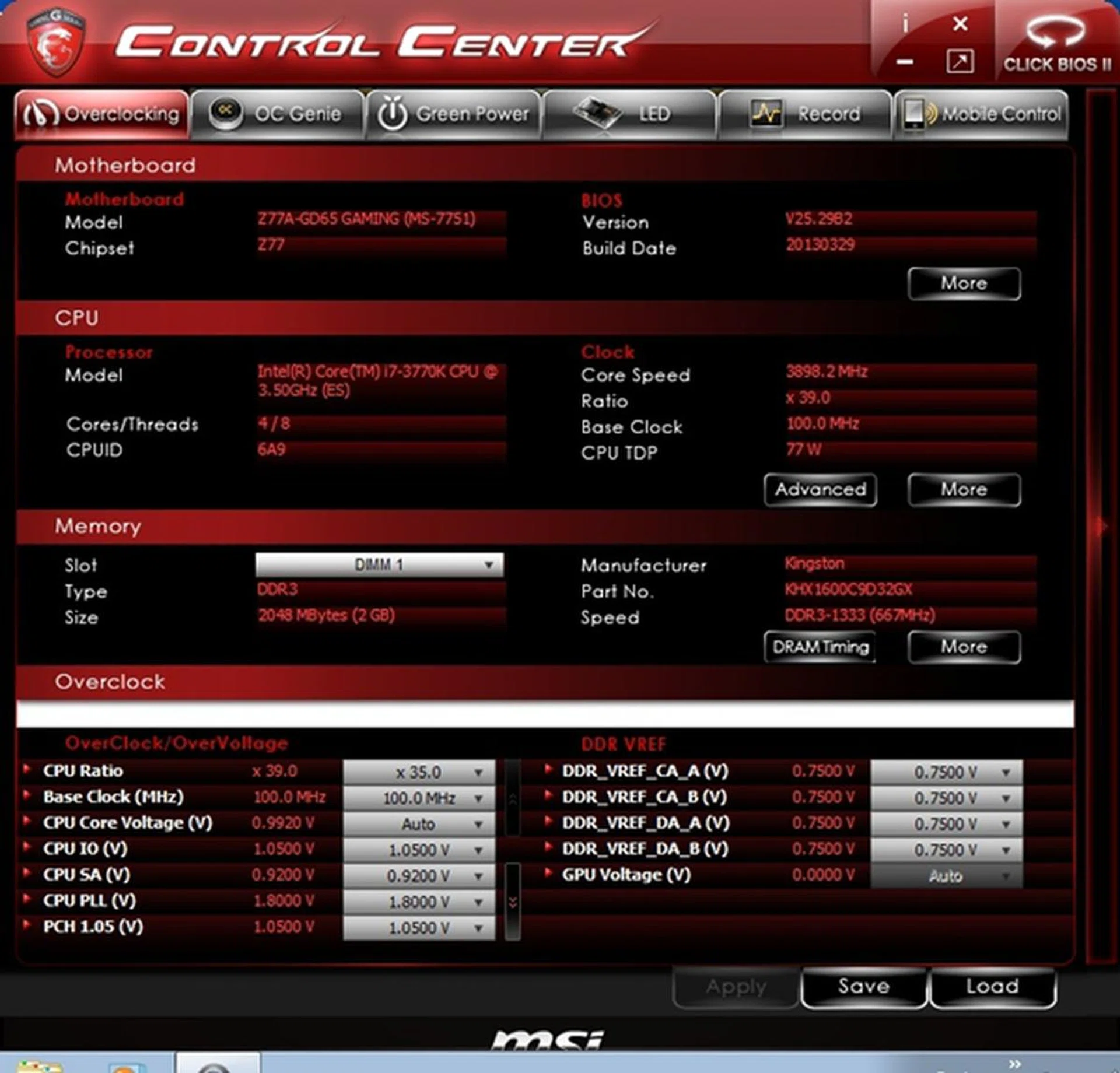 The Overclocking tab of the Control Center application is the default one when the application is launched.