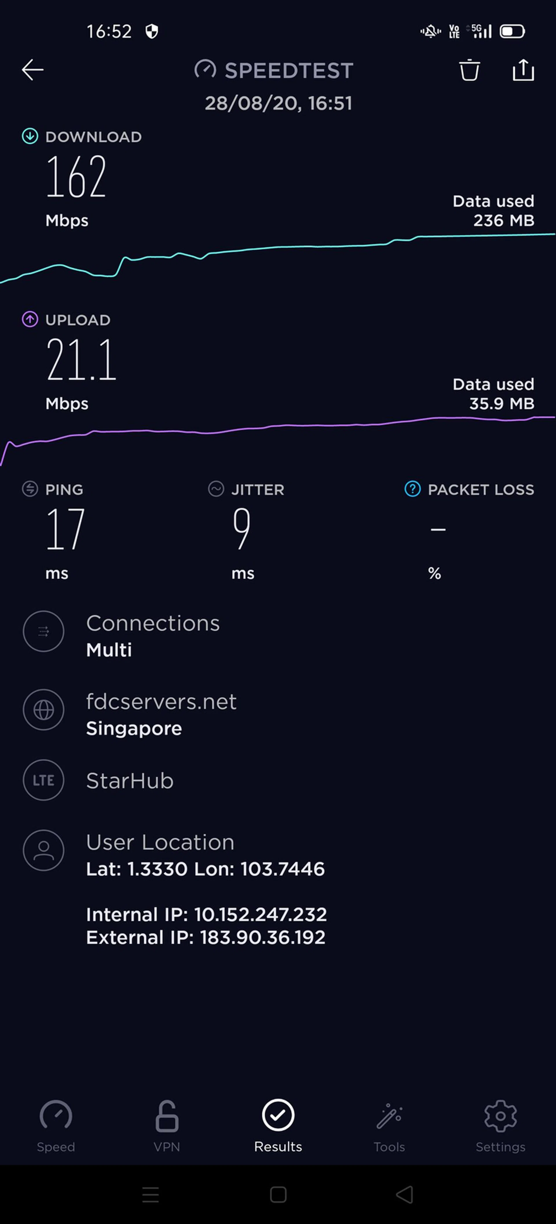 StarHub 5G trial network, Test 1.