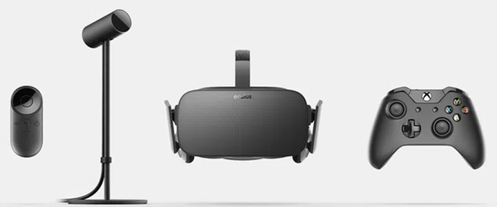 Here's what you're getting with the Oculus Rift. The Oculus Remote, the sensor stand, an Xbox One controller, and the Oculus Rift headset itself. Pre-orders also get Eve: Valkyrie and Lucky's Tale as free games.