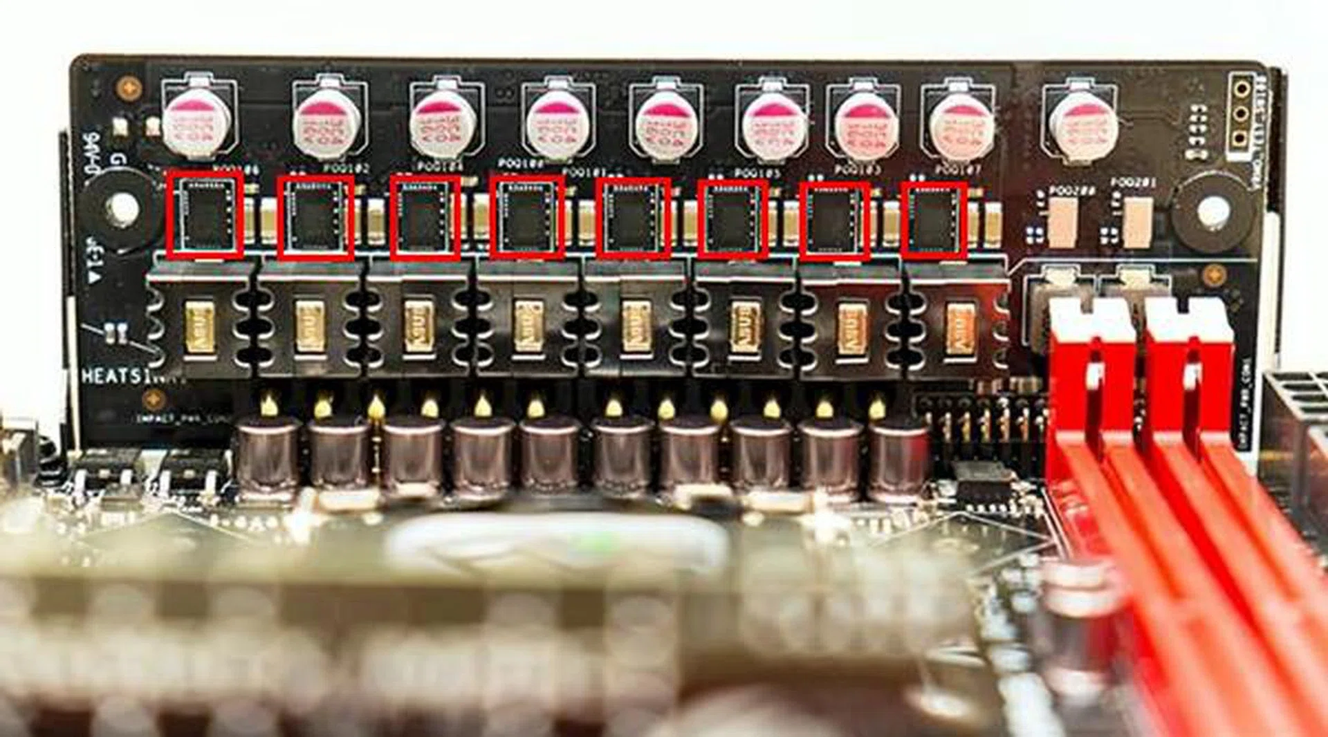 The MOSFETs are marked by the red frames, and the BlackWing chokes are located south of them. (Image Source: ASUS Singapore)