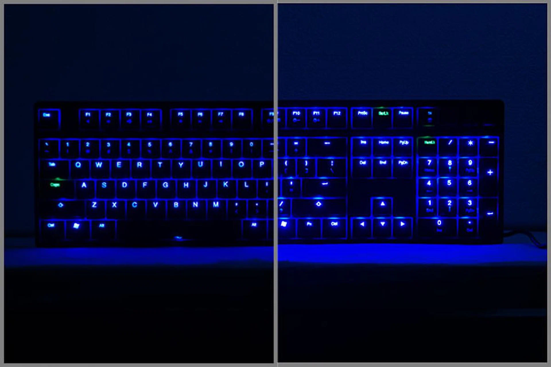 There are five levels of brightness (excluding off). The left half of the image shows the brightness at level 2, the right half at level 5. Level 1 gives a pretty dim backlight that's barely detectable if the room lights are on. But level 2 is our favorite brightness level when room lights are off; it allows us to see the keys clearly without being too glaring.