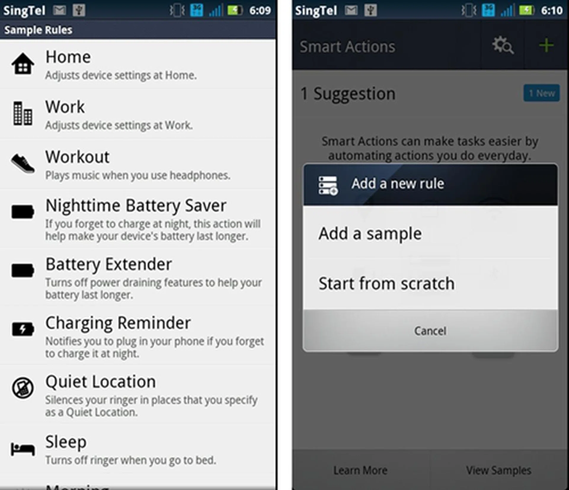 The Smart Actions app constantly monitors your activity and the state of the phone and will act accordingly to the rules you have set for your RAZR, You can either use the sample rules given (notification to charge at night, opening the music app once a pair of headphones is plugged in, etc.) or create your own profile.