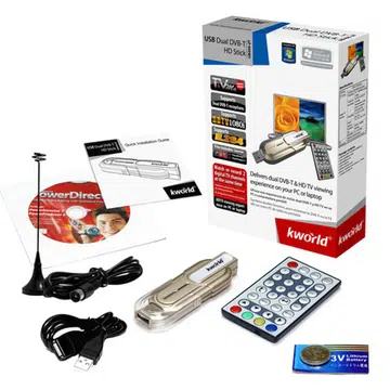 Inside the package, you'll find the USB TV tuner stick along with accessories like a small remote, antenna and the bundled software.