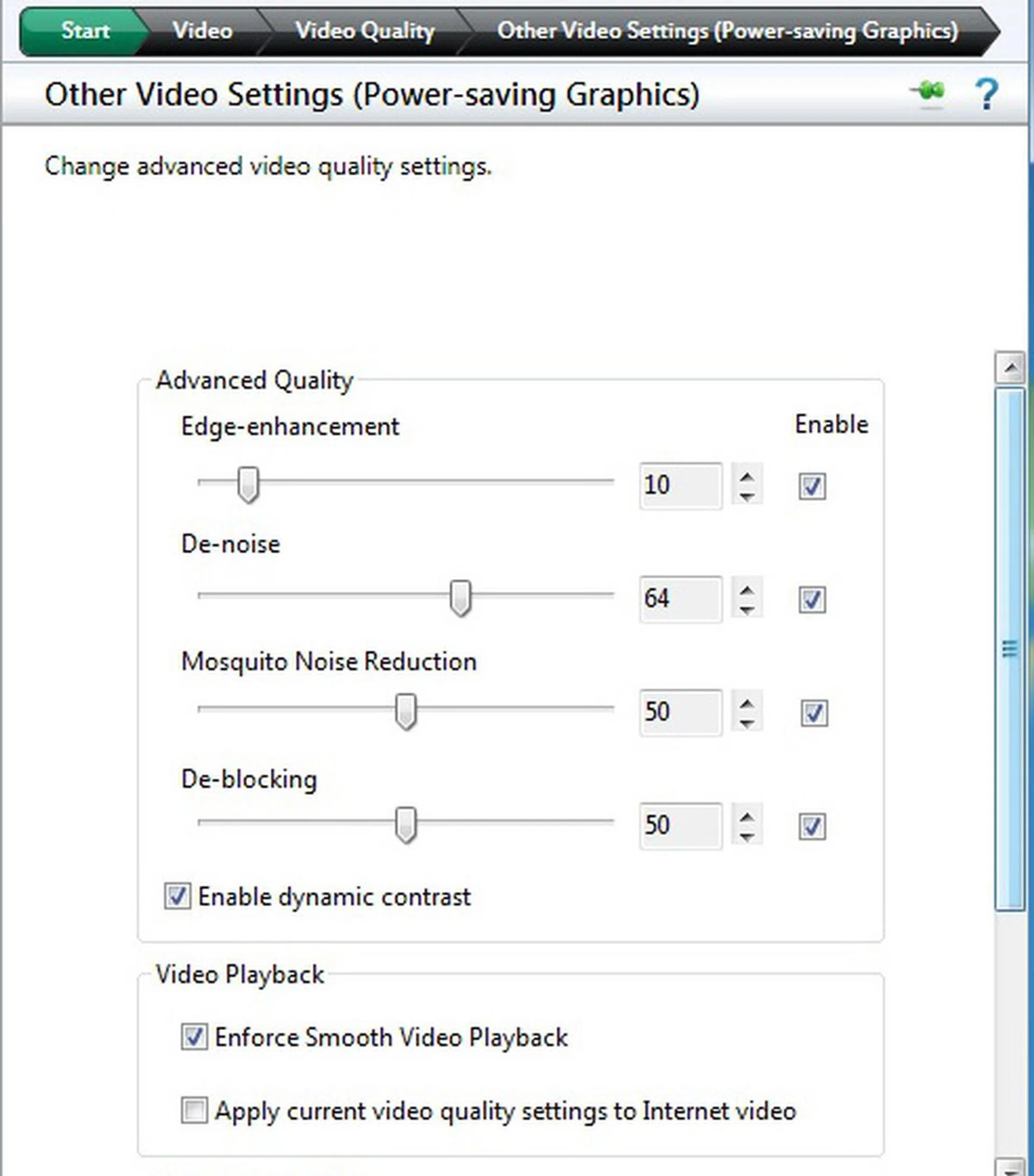 Controls for enhancing video playback, including AMD's SteadyVideo technology for shake-free internet videos.