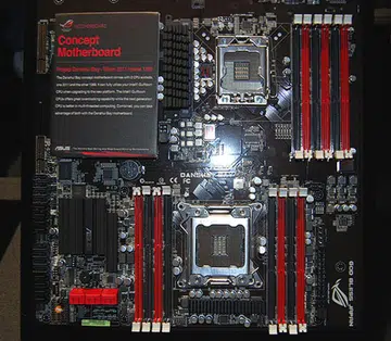 ASUS' Danshui Bay concept motherboard combines two different platforms, the  Intel X58 using LGA1366 and Intel's upcoming X79, using LGA2011. Frankly, we think it won't ever make the leap to a working prototype, given the vast architecture differences. 