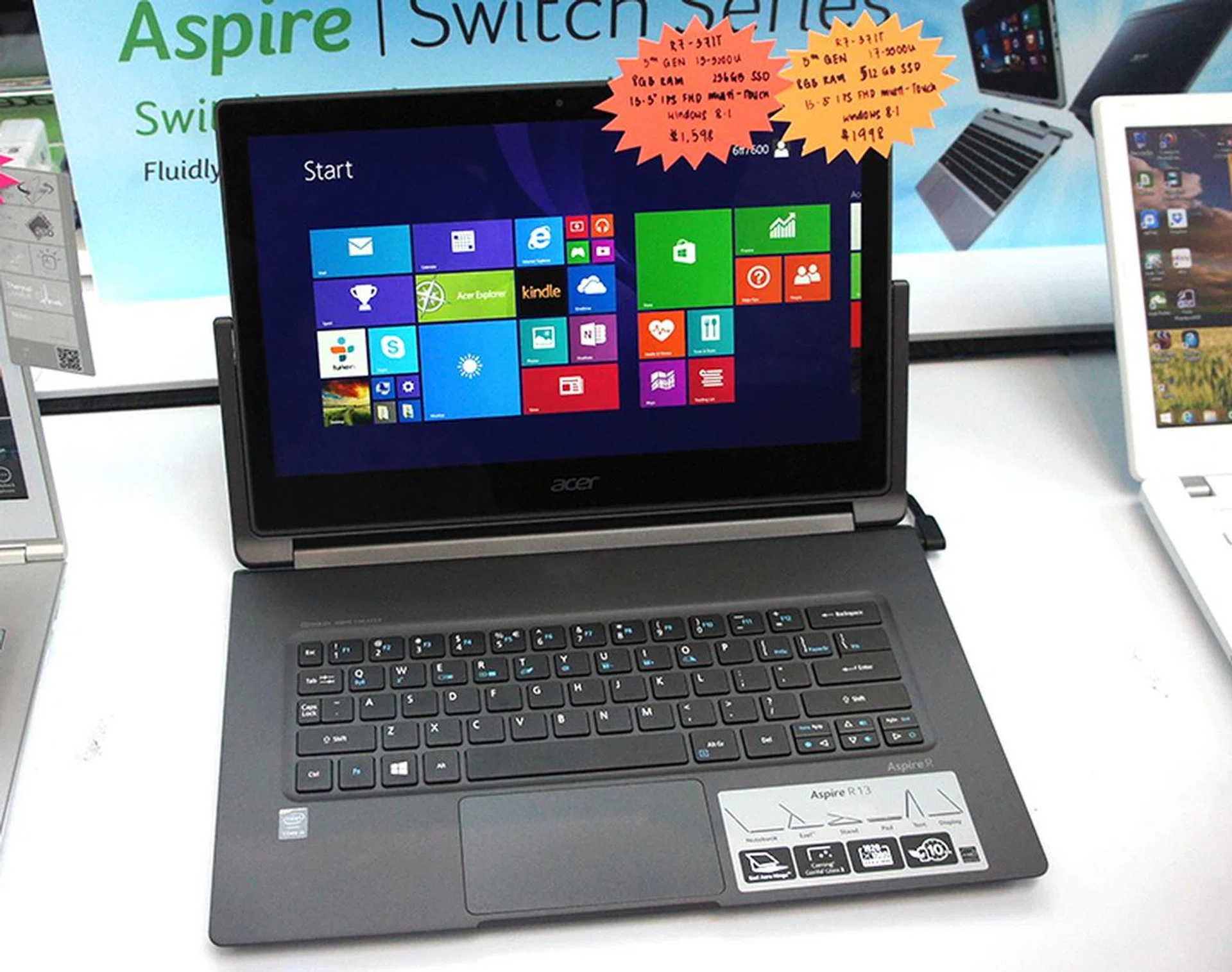 For something zipper, there's the Acer Aspire R13. It is powered by Intel's latest "Broadwell" Core i5-5200U processor (2.2GHz, 3MB L3 cache) and comes with 8GB of RAM and 128GB SSD in RAID 0. It also features a 13.3-inch IPS Full-HD display that is protected by Gorilla Glass 3. Prices begin from $1,598 (U.P: $1,798).