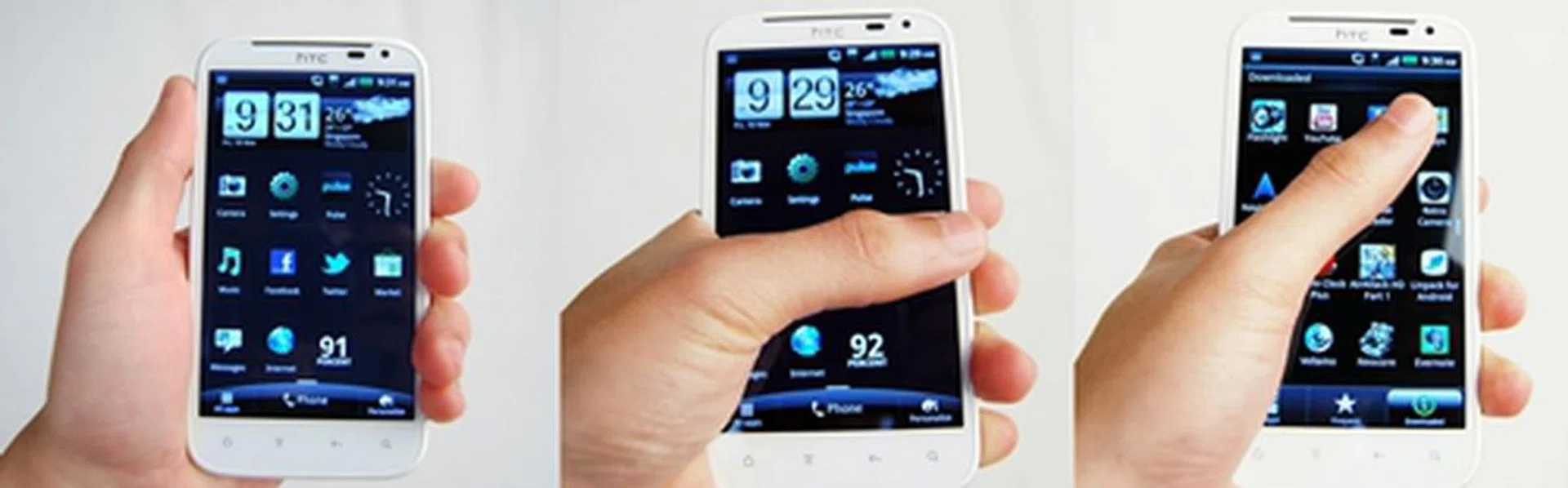 The HTC Sensation XL feels comfortable in our hands (left) although we prefer a more secure grip along the sides. Stretching our fingers across the screen (center) horizontally is no issue for those with big hands but it would pose a problem for those with smaller hands. The challenge comes in only when you want to access apps that are at the top or bottom end of the screen (right).