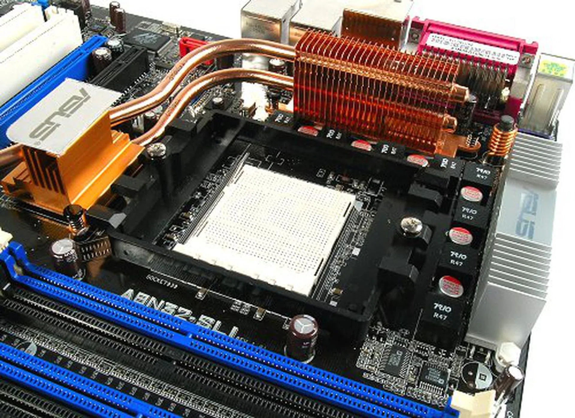 Socket area is surrounded by heatsinks courtesy of ASUS' fanless design.