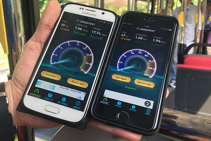 Look ma, Wi-Fi on the bus! (Left: Speedtest with M1 carrier Wi-Fi. Right: Speedtest with in-bus Wireless@SG.)