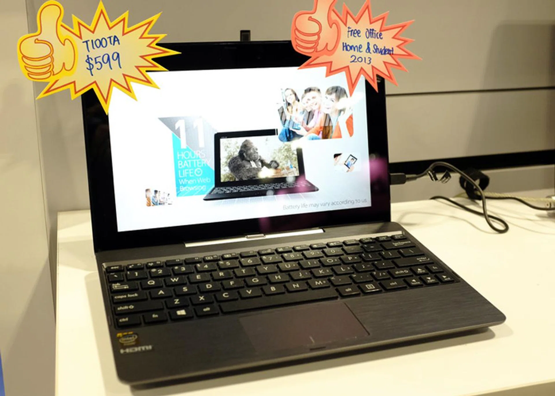 The portable ASUS T100TA is a 10.1-inch tablet with a docking keyboard that turns it into a full Windows 8.1 notebook. The T100TA is powered by an Intel Atom Z3775 quad-core processor, and includes 32GB SSD storage, with a further 500GB HDD built into the dock. It is on sale at Comex for just $599.