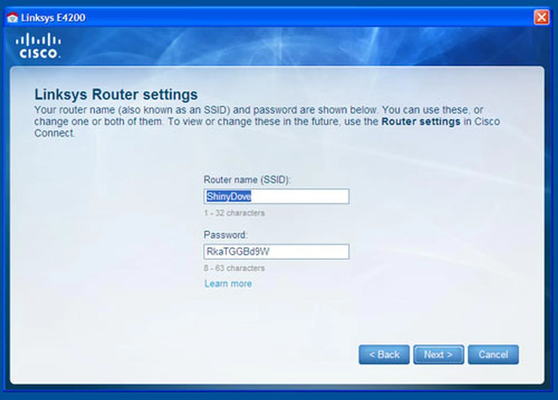 As mentioned earlier, the E4200 is a simultaneous dual-band router with two discrete radios. It is odd that Linksys only assigns a single SSID via the the Cisco Connect application. And hey, don't ask us about the "ShinyDove" choice. It was given by default!