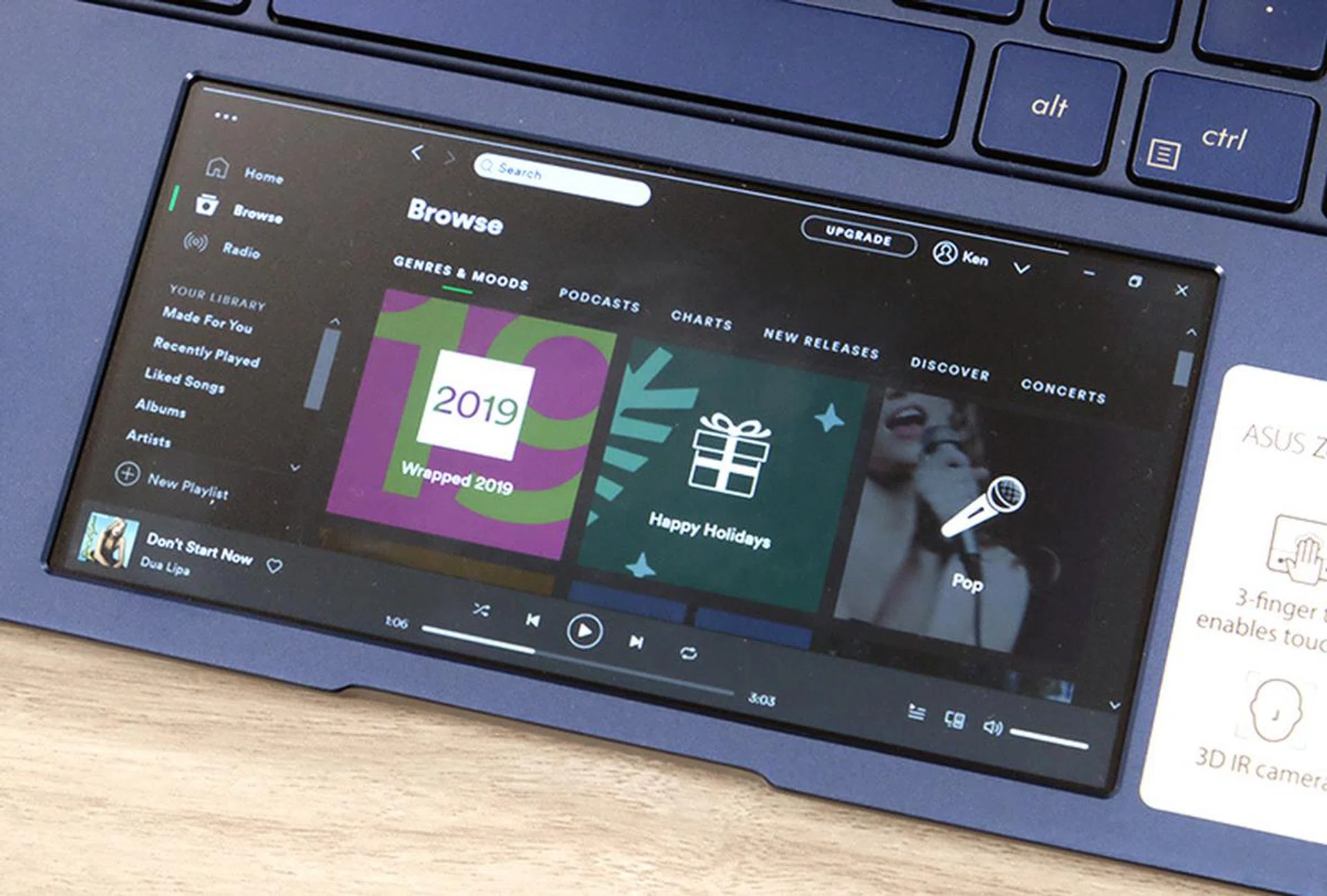 The trackpad doubles up as a secondary display. Here, it's running the specially optimised Spotify app.