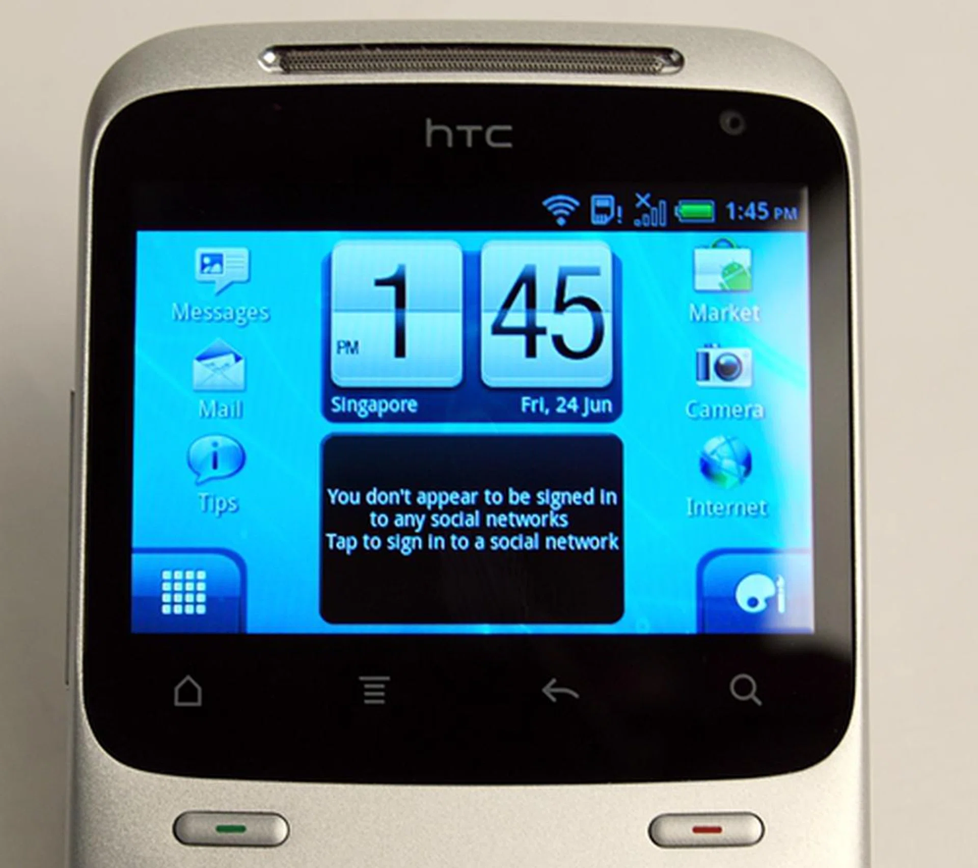 Located below the screen is a row of four touch-sensitive controls (Home, Menu, Back and Search) At the top right corner of the screen, you will find the VGA front camera for video chat purposes.
