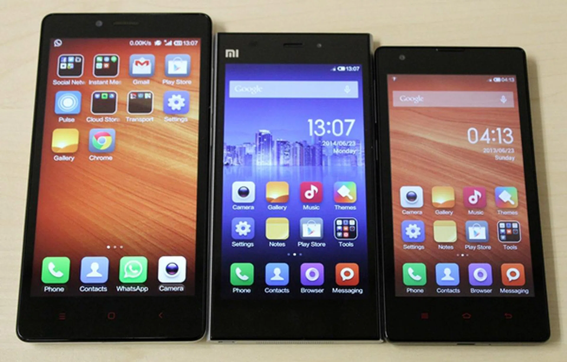 From left to right: Xiaomi Redmi Note, Mi 3 and the Redmi.