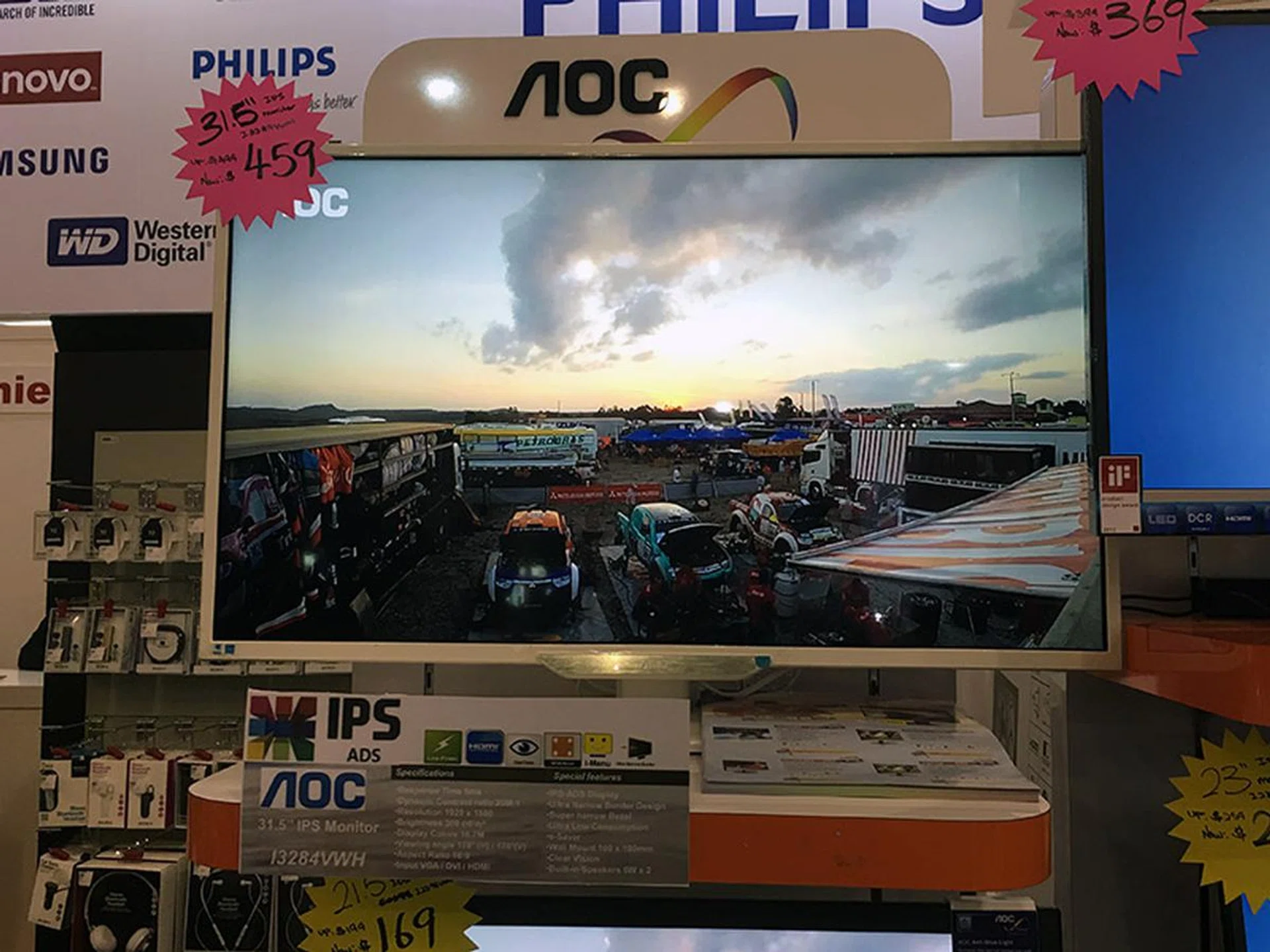 This AOC I3284VWH is a 1080p, 31.5-inch monitor with a narrow bezel and built-in 5W x 2 speakers. Going for $459 at PC Show.
