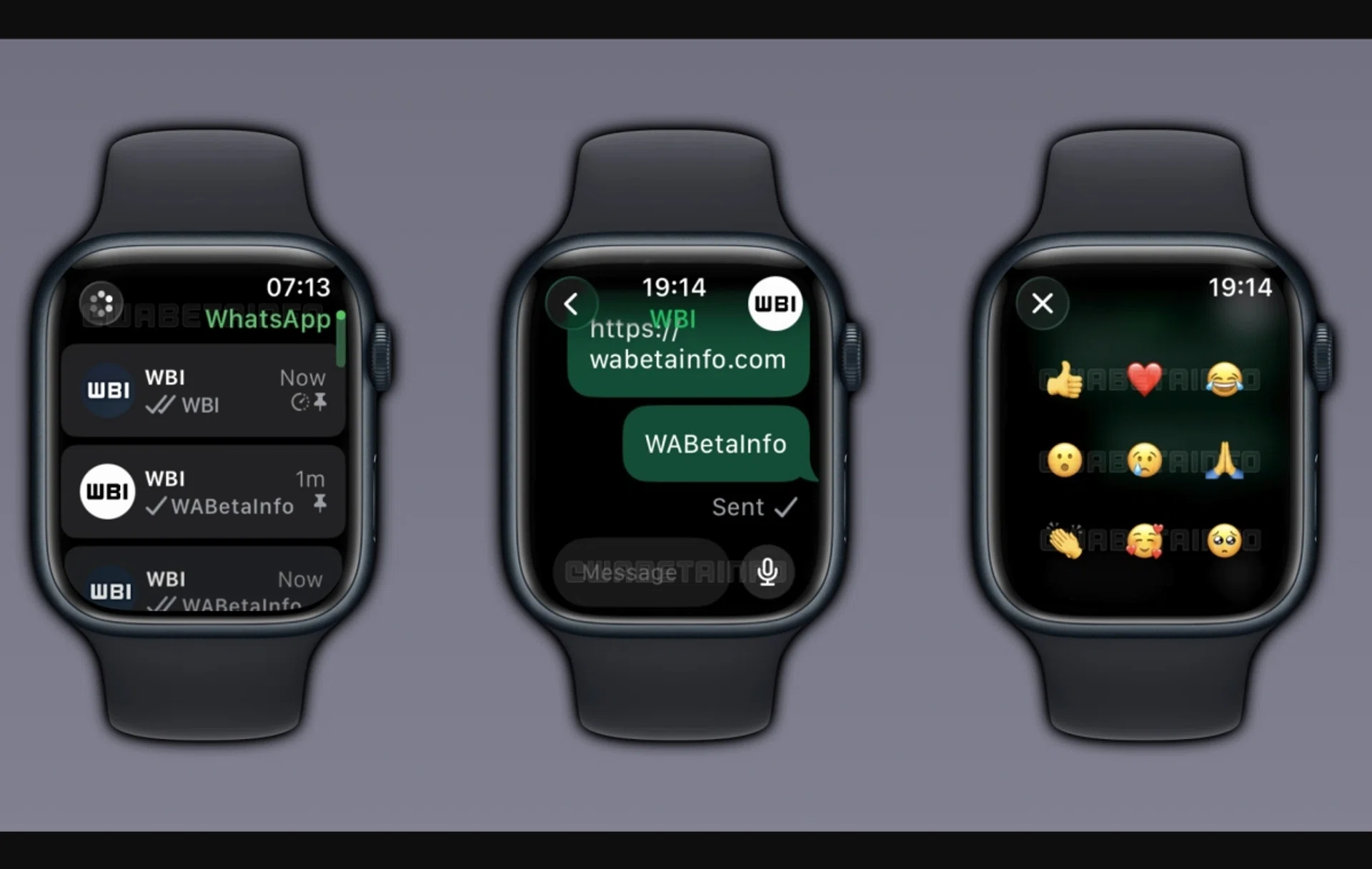 Screenshots of the WhatsApp companion app for the Apple Watch.