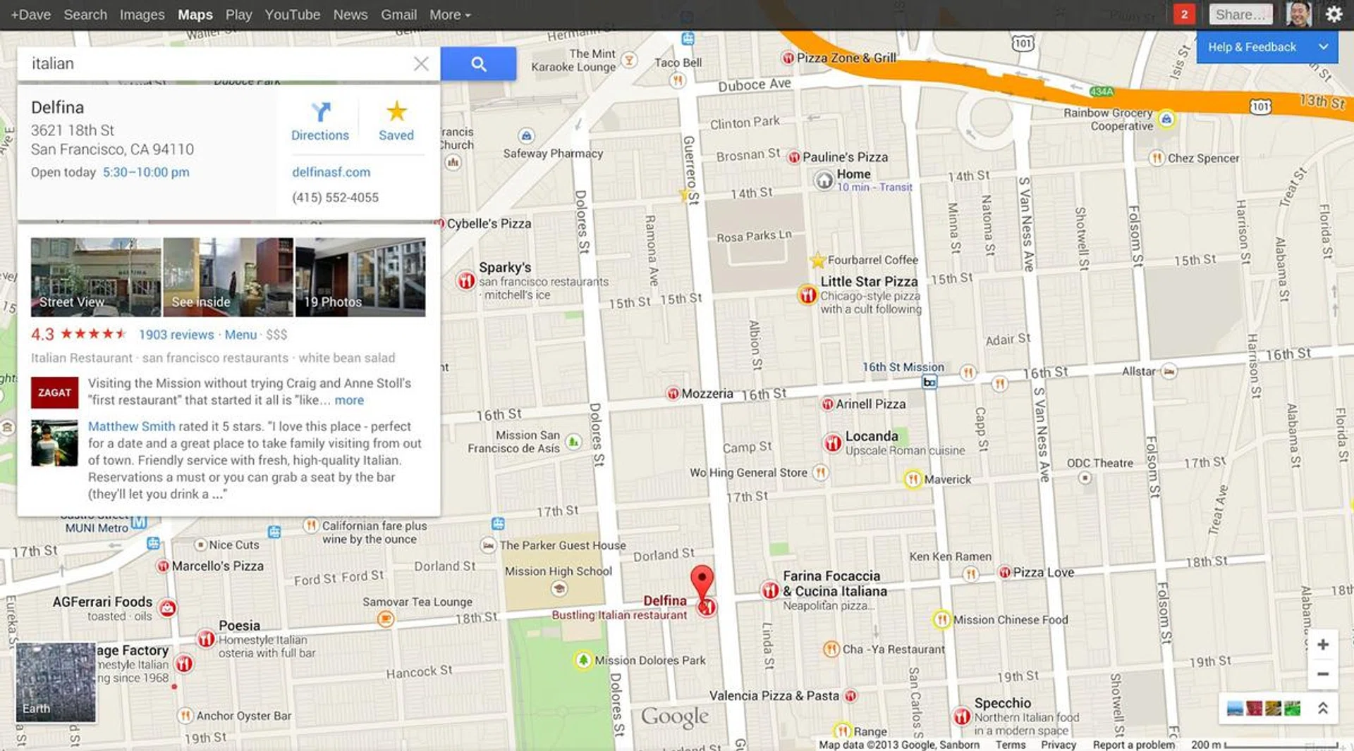 Clicking on a pin will bring up a information card with location information, street view pictures and reviews.