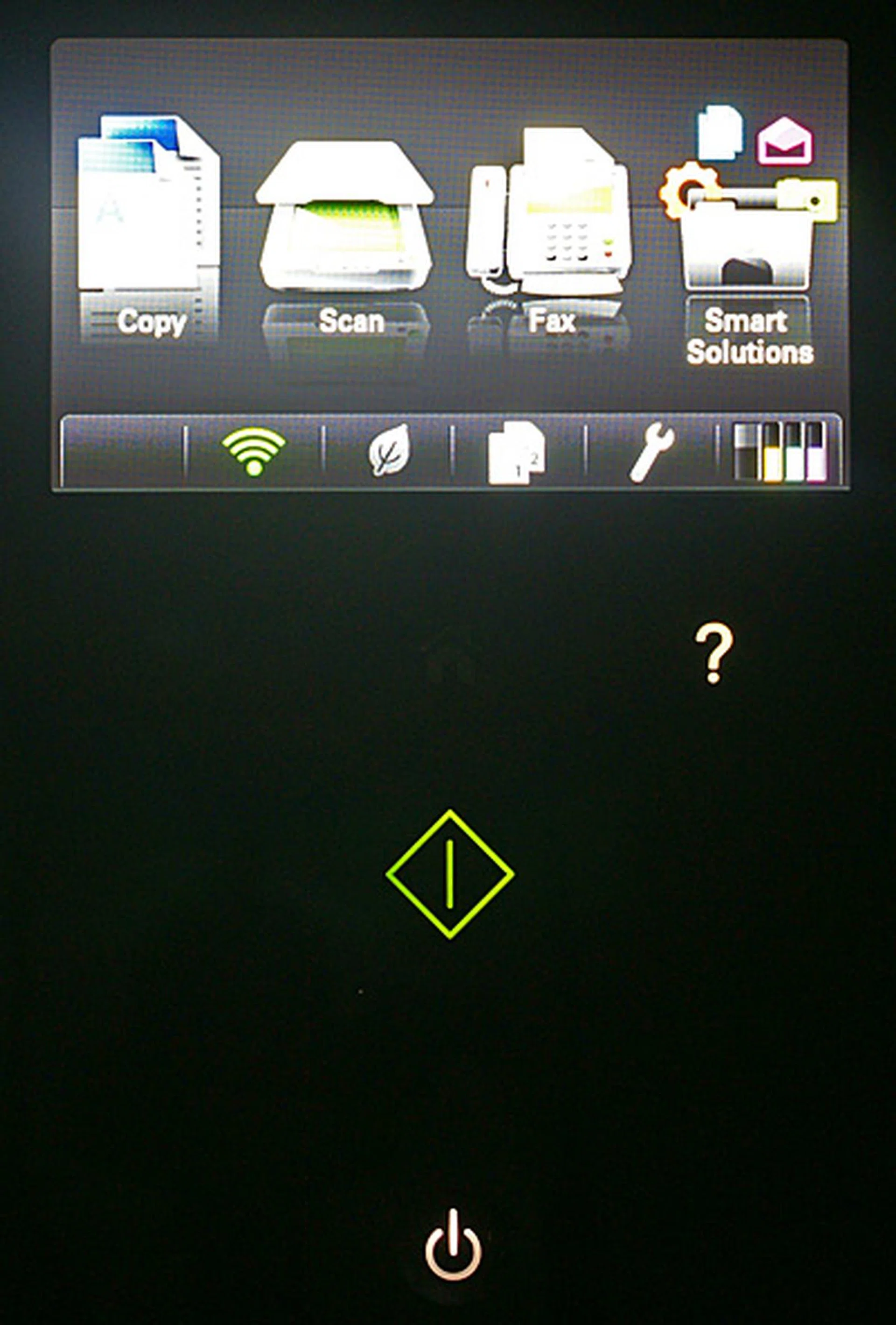 Most of the setting adjustments are done using the 4.3-inch touchscreen LCD. Below it are a few touch "buttons" that light up selectively depending on the mode or menu you're in. The Help and Start buttons are shown here; other buttons include Back, Home and Cancel. The only tactile button is the Power button at the bottom.