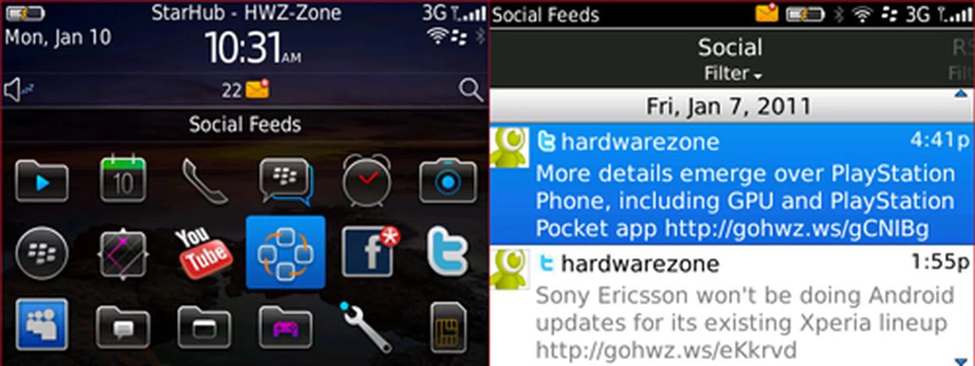 Pre-loaded apps such as Social Feeds (as seen on the Torch 9800) will consolidate your social networks into a single channel.